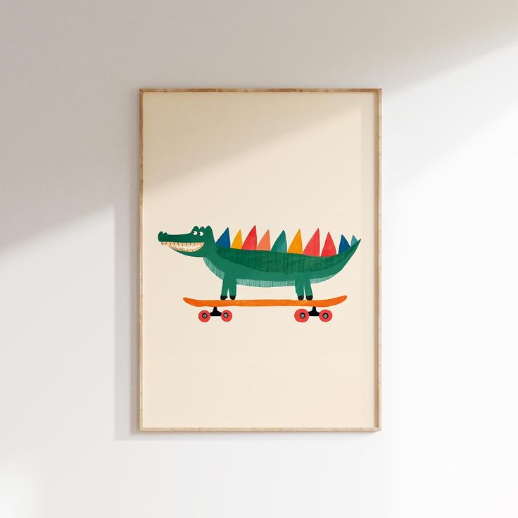 an art print of a crocodile on a skateboard in a room with white walls