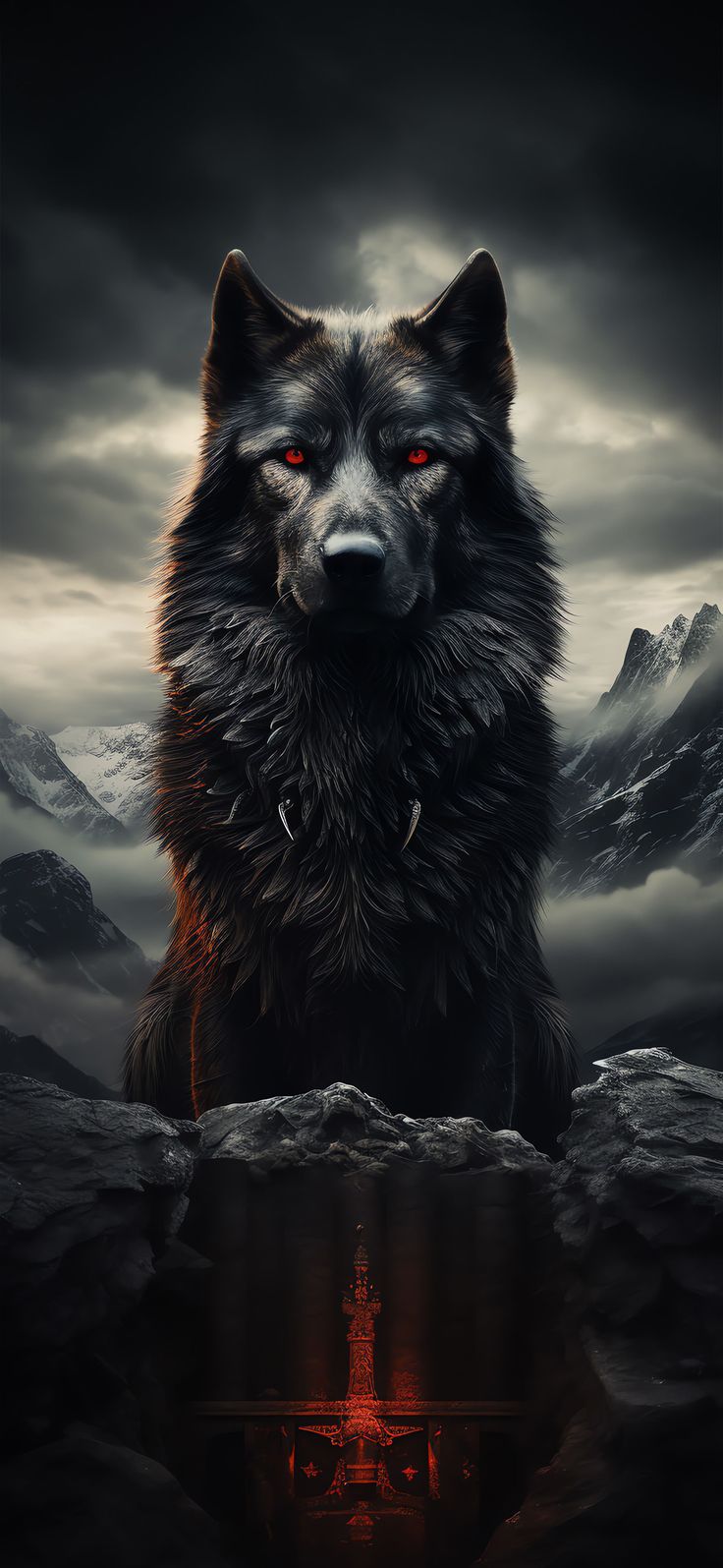 a black wolf with red eyes sitting in front of some rocks and snow covered mountains