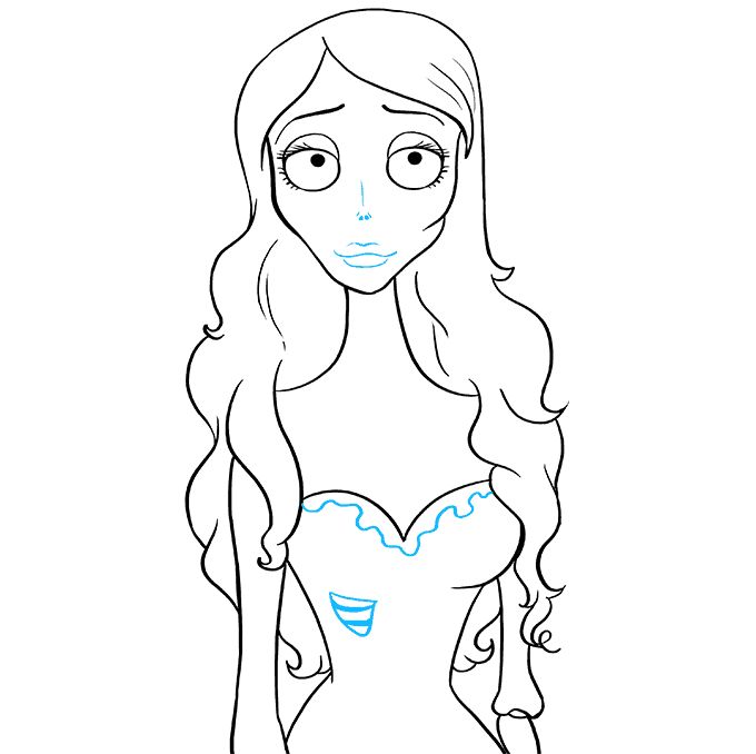 a drawing of a girl with long hair wearing a blue dress and looking at the camera