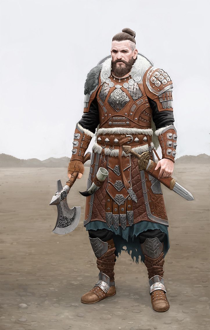 a man dressed in armor and holding two large swords, standing on a desert plain