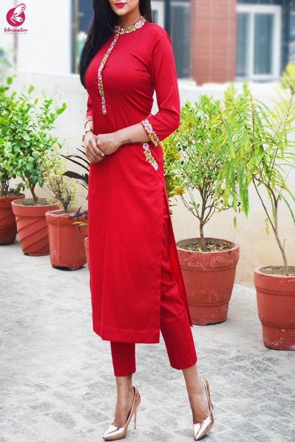 Red Silk Suits For Women Indian, Red Salwar Suit Simple, Red Suits For Women Indian, Pocket Kurti Design, Red Suit Design, Red Kurti Design, Plain Kurti Designs, Plain Kurti, Red Kurti