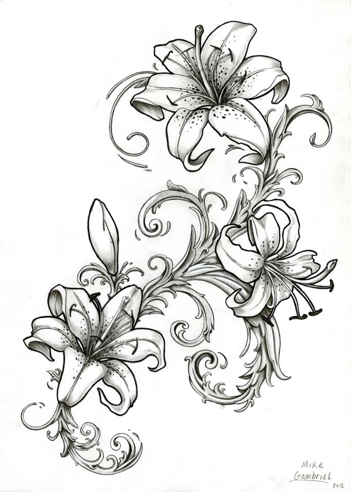 a drawing of flowers with swirls and leaves on the side, in black and white