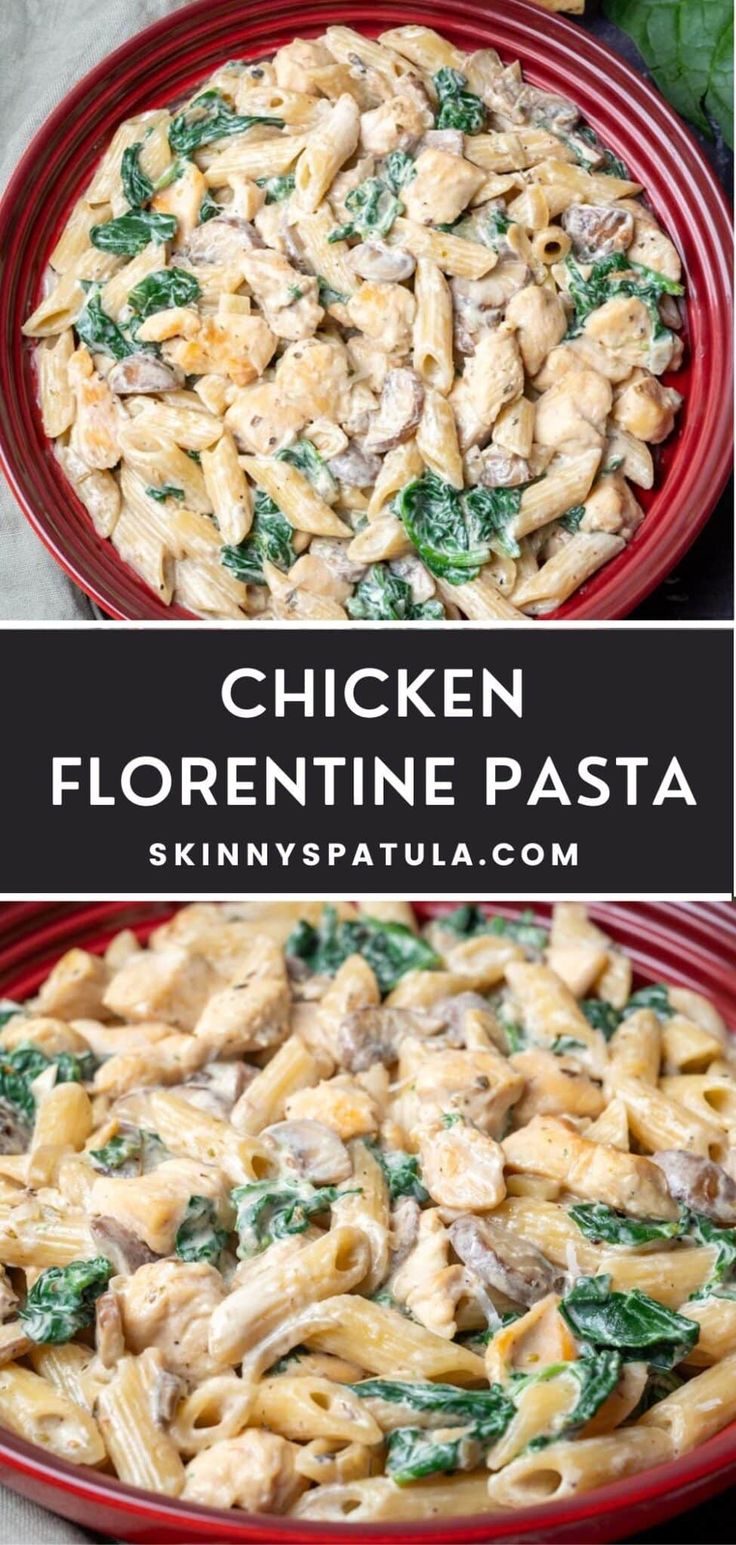 chicken florentine pasta with spinach in a red bowl