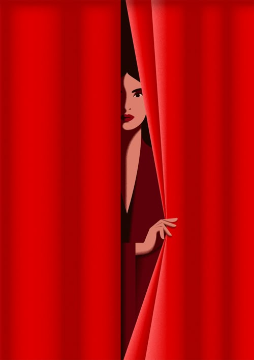 a woman peeking out from behind a red curtain with her hand on the side of the curtain