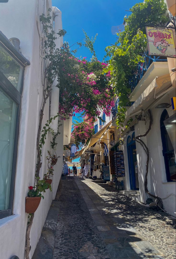 an alley way with flowers growing on the buildings and trees in blooming overhangs