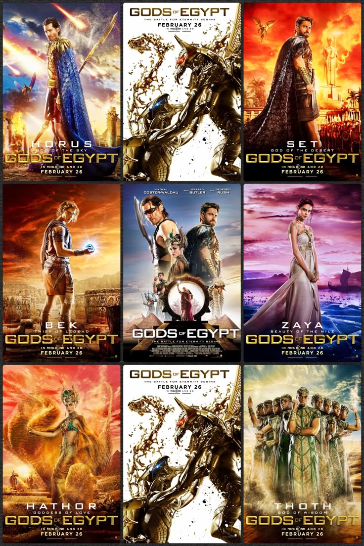 the movie poster for gods and egypt is shown in multiple different colors, sizes and font