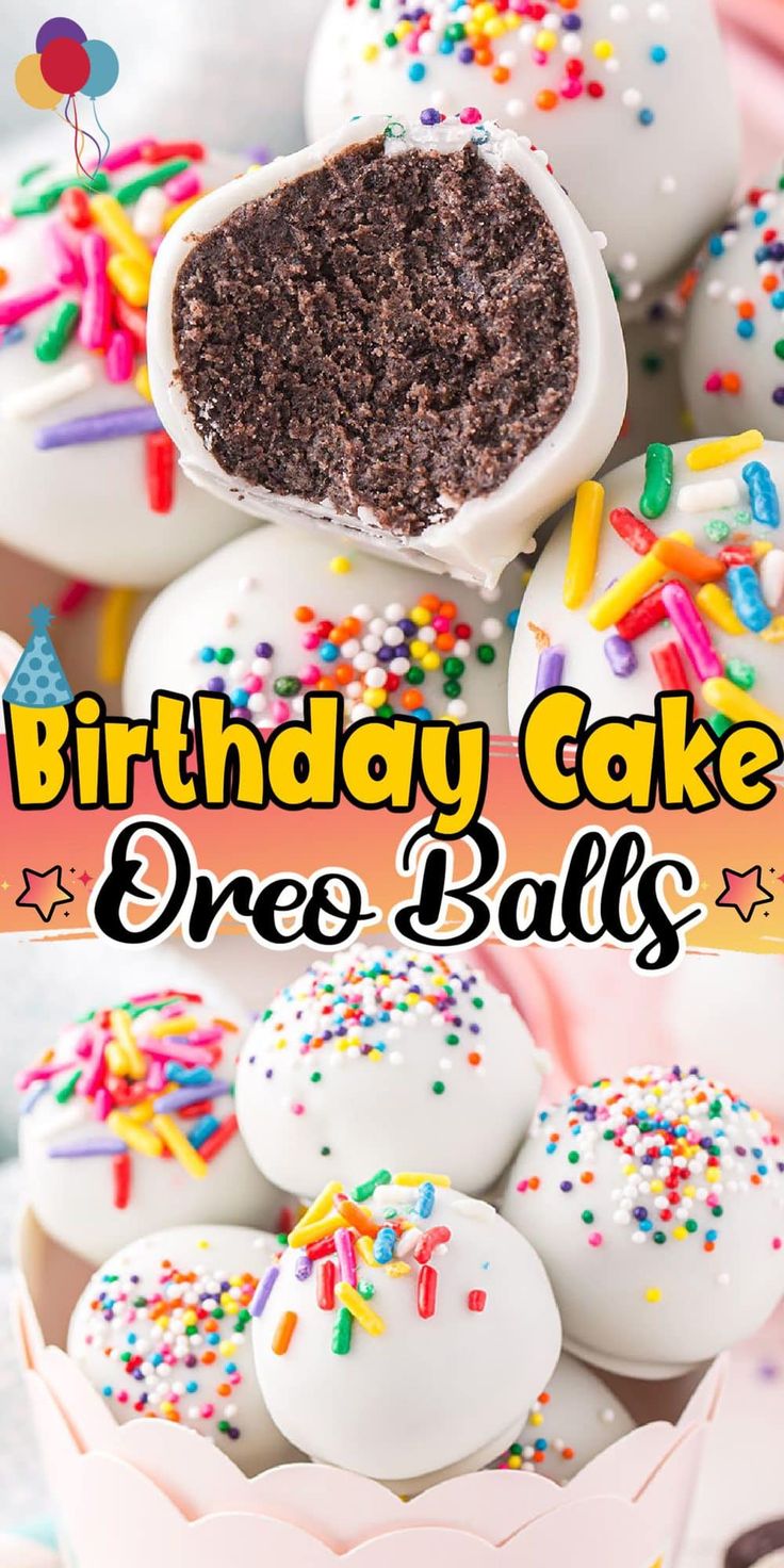 birthday cake oreo balls with chocolate frosting and sprinkles