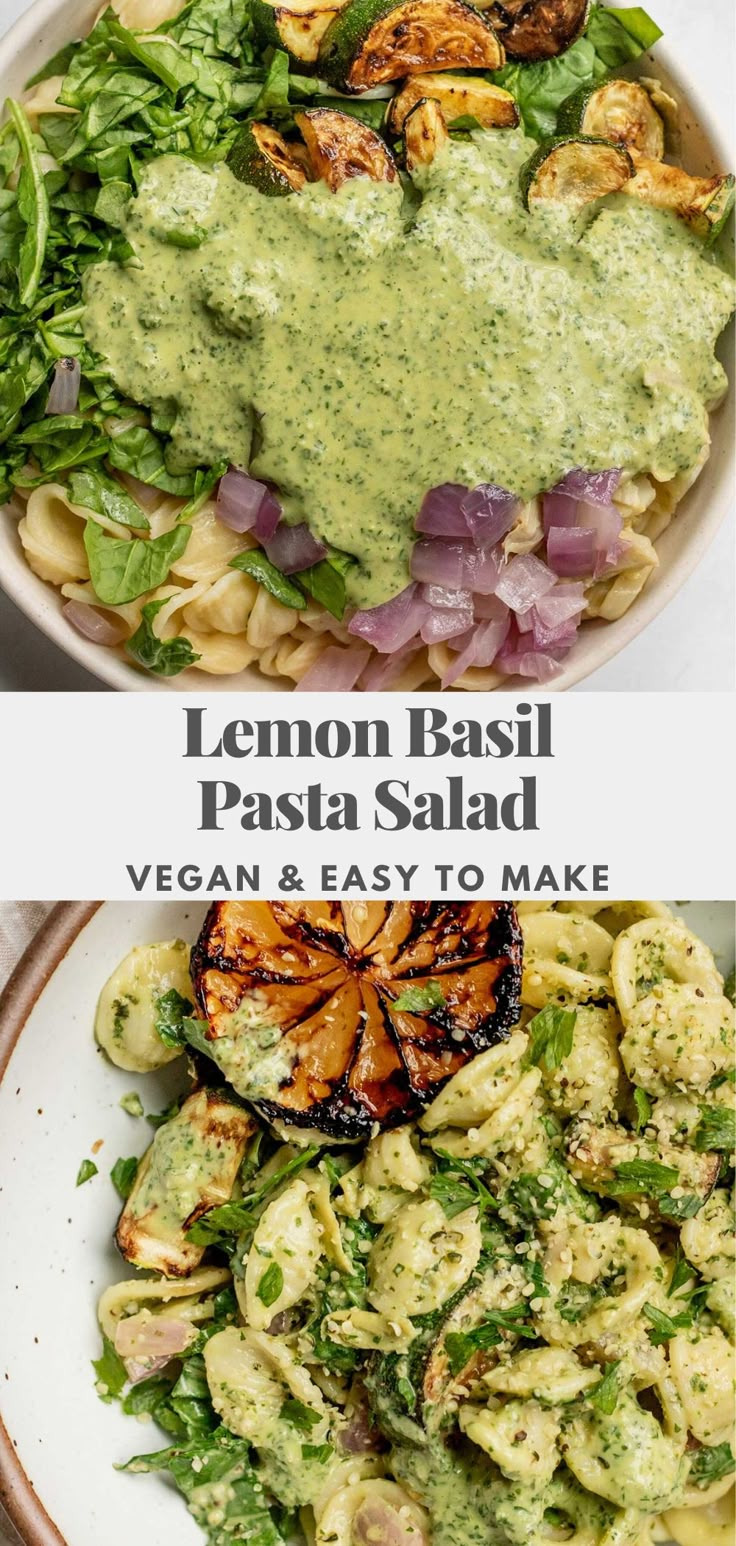 two plates with different types of food on them and the words lemon basil pasta salad vegan & easy to make