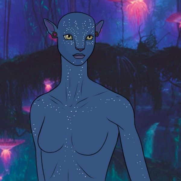 an alien woman with yellow eyes standing in front of some trees and mushrooms at night