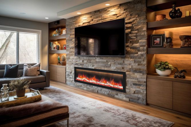 a living room with a large stone fireplace and built - in entertainment center on the wall