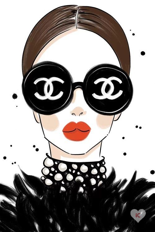 a woman with black eyeliners and red lips wearing chanel glasses, on top of a fur coat