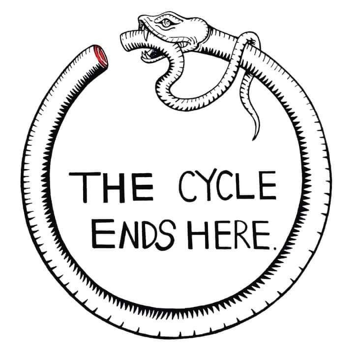 the cycle ends here sign with a snake on it's head and an inscription that reads