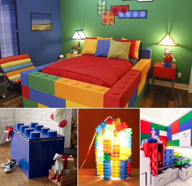 a bedroom decorated in bright colors with legos on the bed and side tables next to it