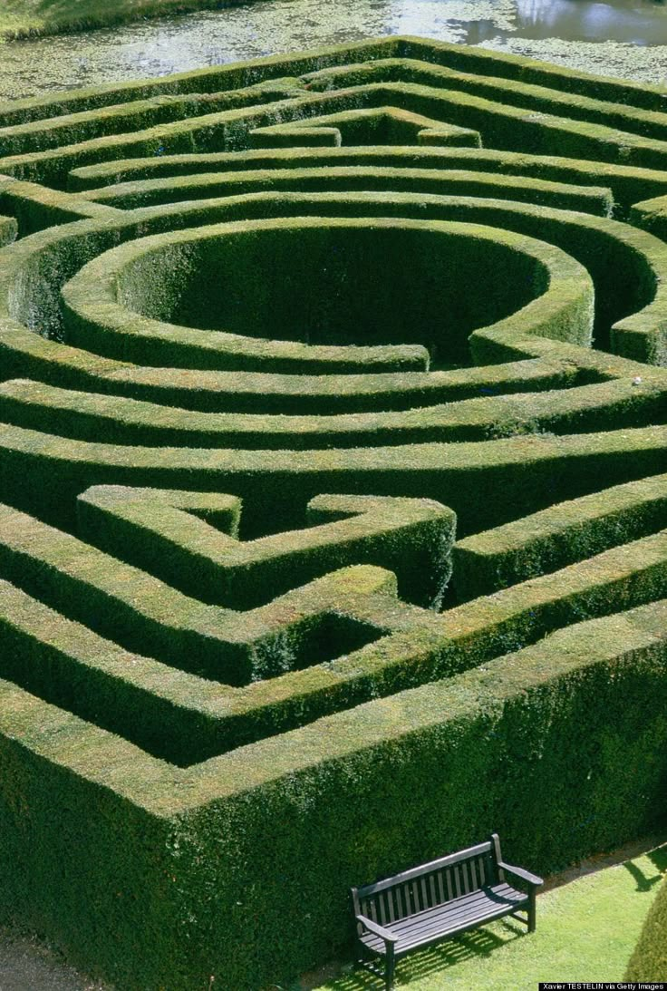 a bench sitting in the middle of a maze