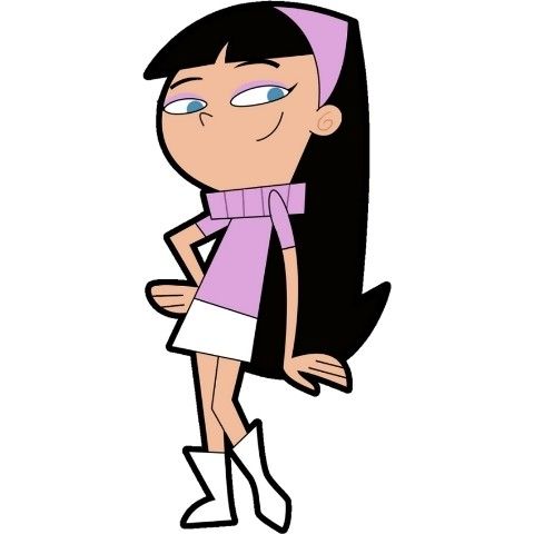 an animated girl with long black hair and blue eyes wearing a purple dress, standing in front of a white background