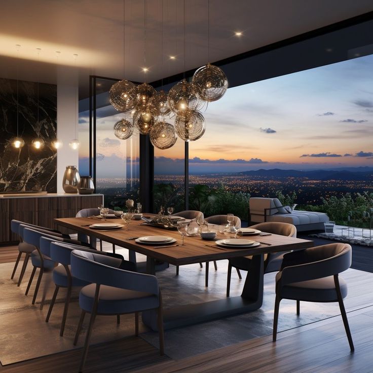 a dining room with a table and chairs in front of a large window overlooking the city