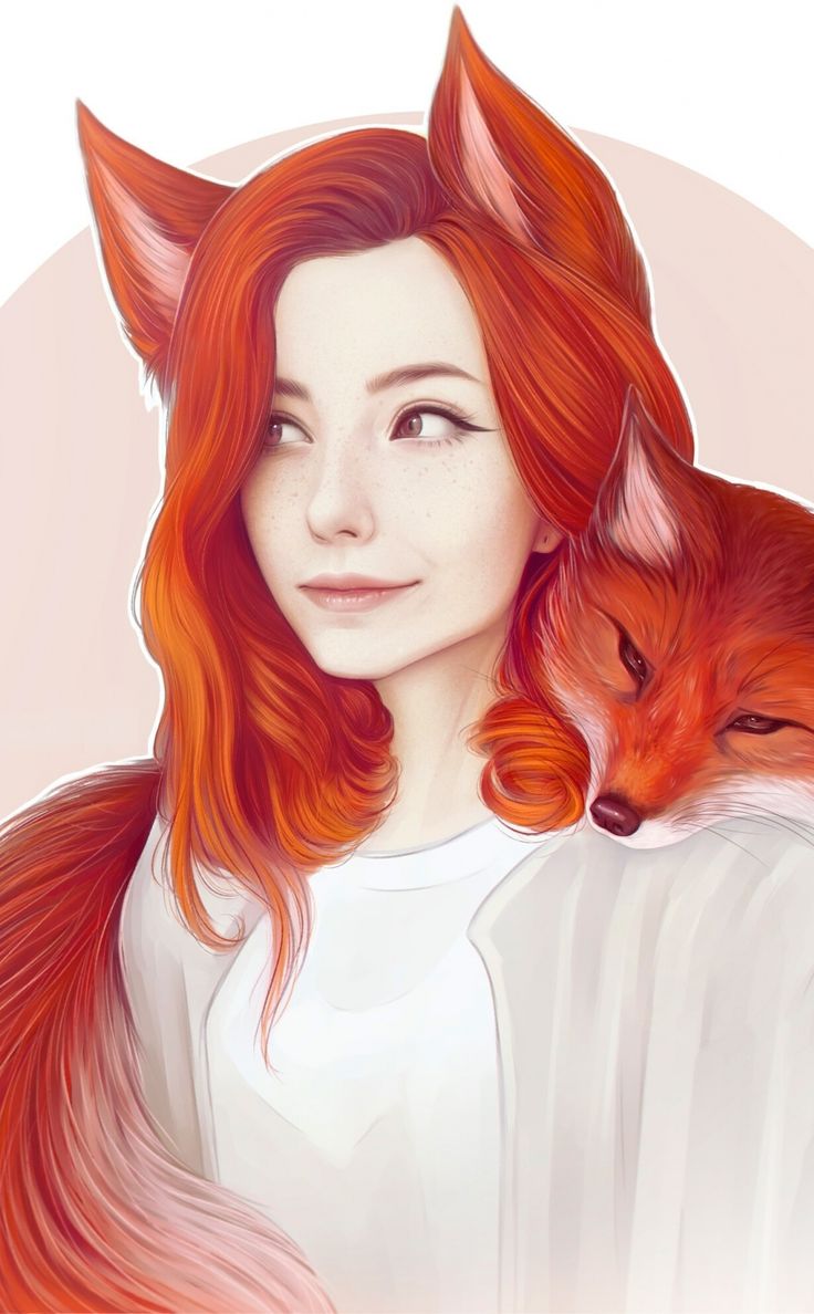 a woman with red hair and a fox on her shoulder