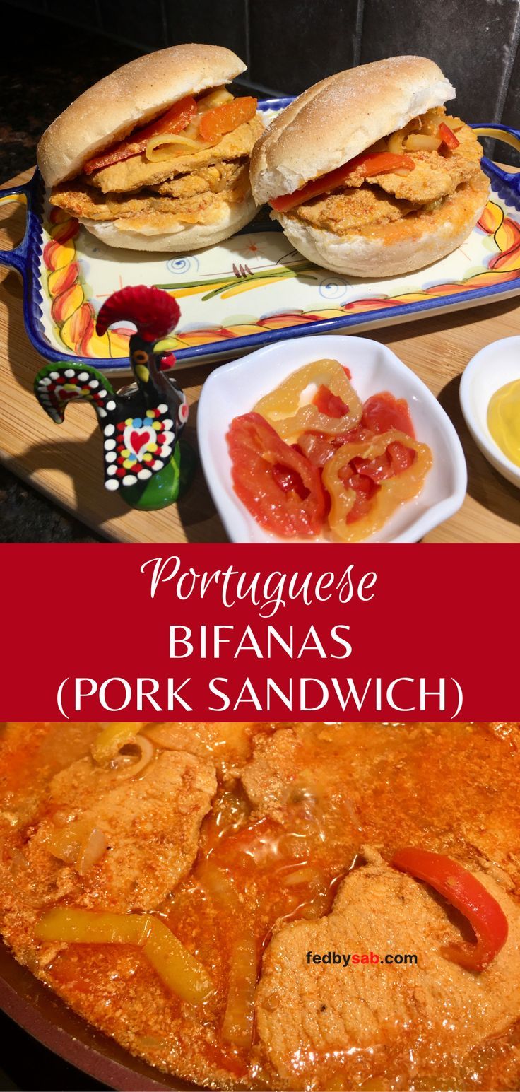 Portuguese bifanas pork sandwiches on a plate on a wood cutting board with a small side plate of mustard and hot peppers Portuguese Recipe, Pork Sandwich Recipes, Portuguese Cuisine, Pork Dinner, Famous Recipe, Pork Sandwich, Portuguese Recipes, European Food, Pork Chop Recipes