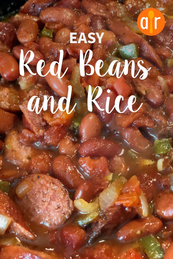 red beans and rice in a skillet with text overlay