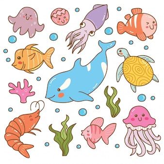 an image of sea animals and fish in the ocean with bubbles on white background stock photo