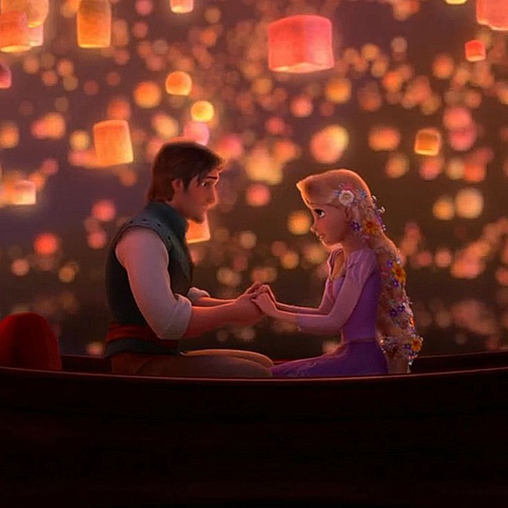 the princess and the frog are sitting on a boat in front of lanterns flying above