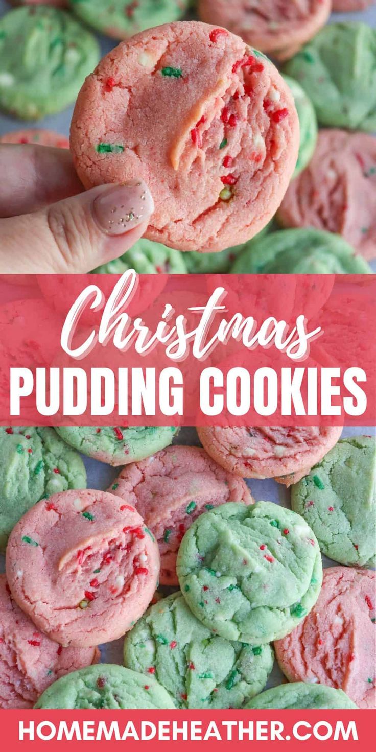 christmas pudding cookies with green and red sprinkles in the middle, on a plate