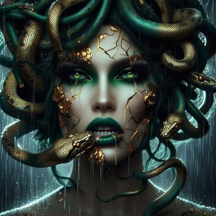 a woman with snakes on her head and green makeup is shown in the rain as she holds