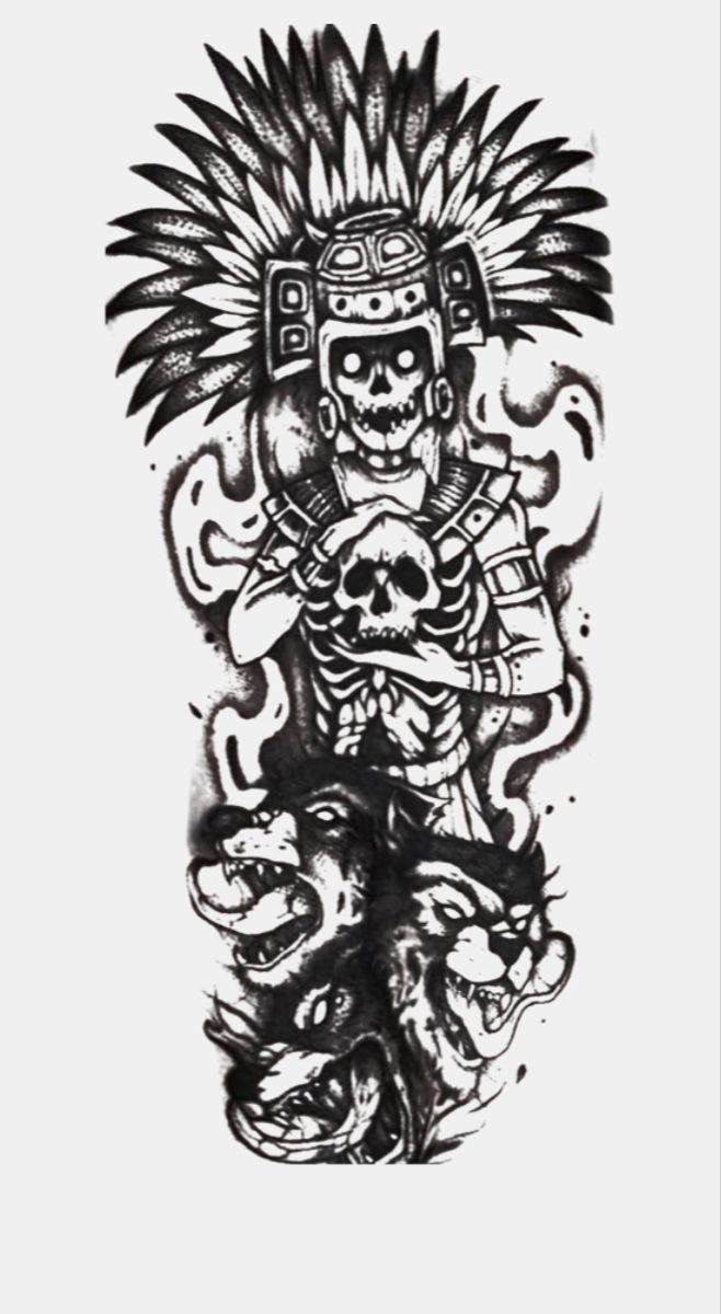 a black and white drawing of a skeleton sitting on top of a pile of skulls