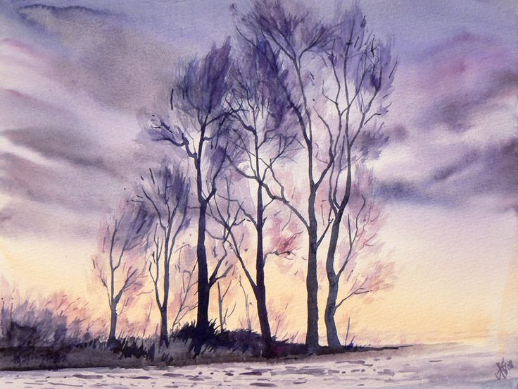 a watercolor painting of trees in the snow at sunset, with purple clouds overhead