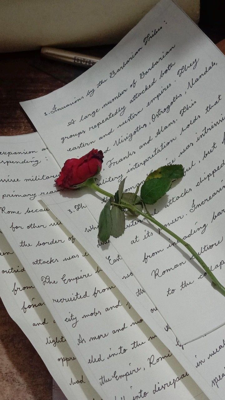 a red rose sitting on top of an open piece of paper next to some writing