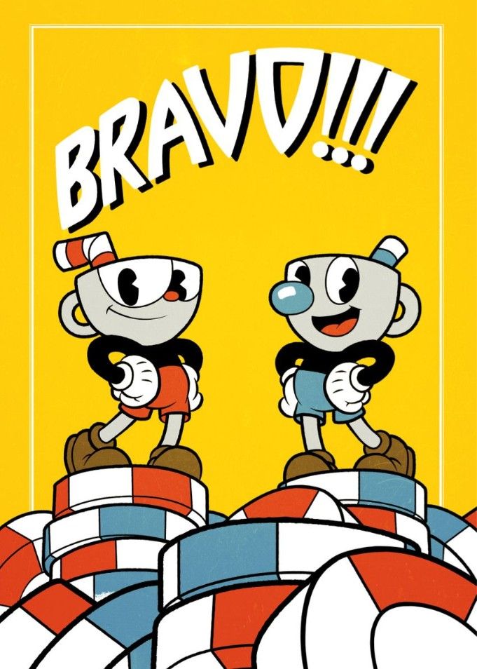 two cartoon characters sitting on top of each other in front of a yellow background with the words bravo