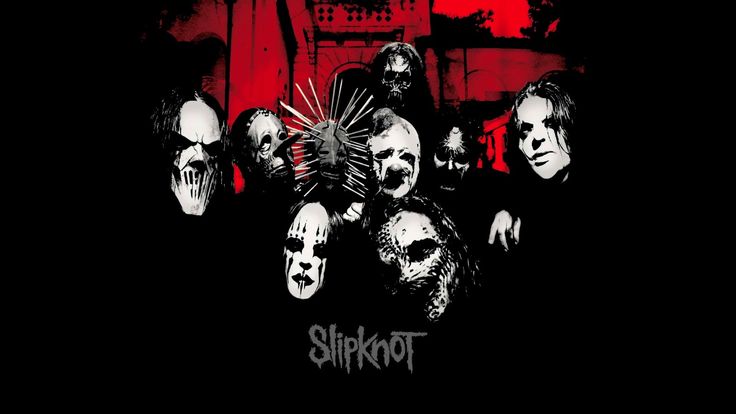 a group of people standing next to each other in front of a red background with the words slipknot on it