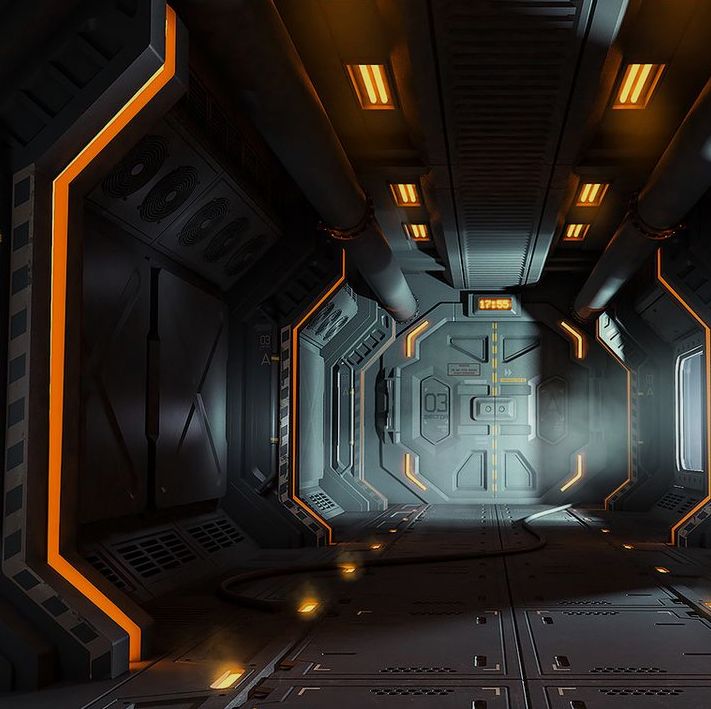 a sci - fi space station corridor with lights on the ceiling and door to another room