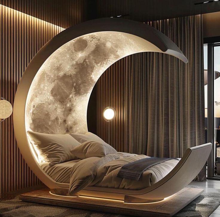 the moon bed is lit up with lights