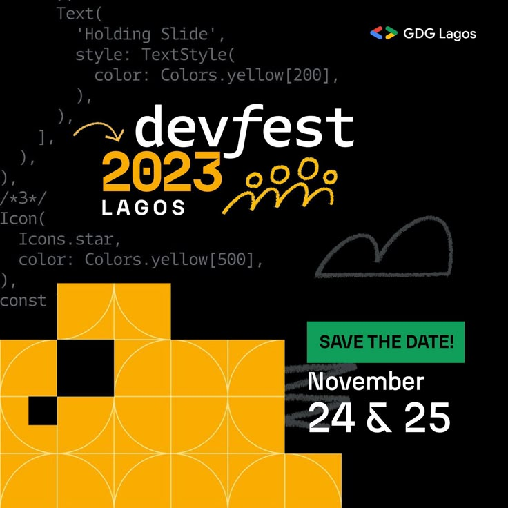 the poster for devfest is shown in black and yellow colors, with an image of a