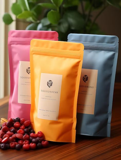 three bags of coffee sitting on top of a wooden table next to berries and leaves