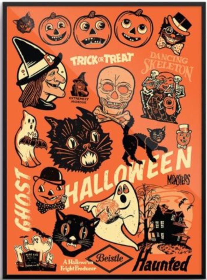 an orange halloween poster with lots of pumpkins, ghost and other items on it