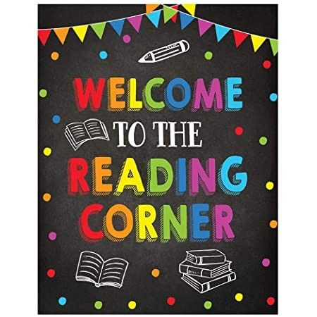 welcome to the reading corner sign on a blackboard with colorful confetti and streamers