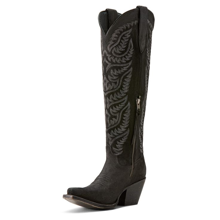 Endlessly wearable and effortlessly stylish, this tall boot looks just as good with jeans and a sweater as it does with dresses and skirts. Bonus: StretchFit allows it to fit a wide range of calves. Laramie StretchFit Western Boot | Product Features : 0 : ATS® technology provides ergonomic support on uneven terrain, 1 : StretchFit panels under the pull tabs give an additional inch to fit a wide range of calves, 2 : Hand-nailed vegetable-tanned leather sole is supremely durable, 3 : Resoleable Go Fitted Black Rugged Boots, Fitted Suede Heeled Boots With Snip Toe, Western Heeled Boots With Suede Lining, Fitted Leather-lined Boots For Fall, Fitted Leather Lined Boots For Fall, Fitted Leather Lining Boots For Fall, Fall Leather Boots With Suede Overlays, Fitted Boots With Suede Lining And Pointed Toe, Rugged Leather Heeled Boots For Rodeo