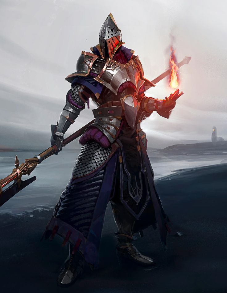 a man in armor holding two swords on a dark beach with fog and clouds behind him