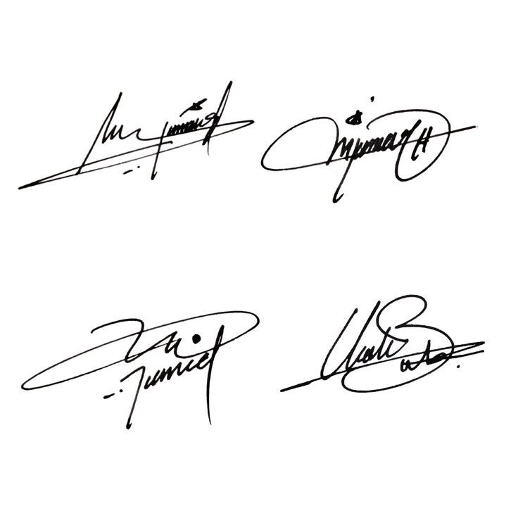 four different signed autographs from one person to the other, all in black and white