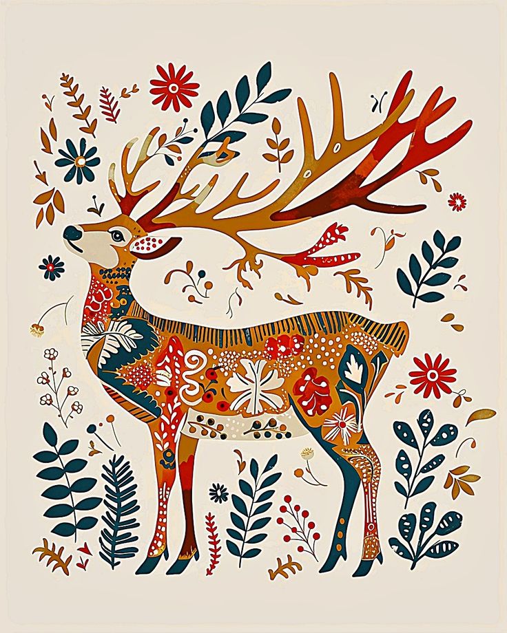 a painting of a deer surrounded by flowers and leaves on a white background with red, blue, orange, and yellow colors