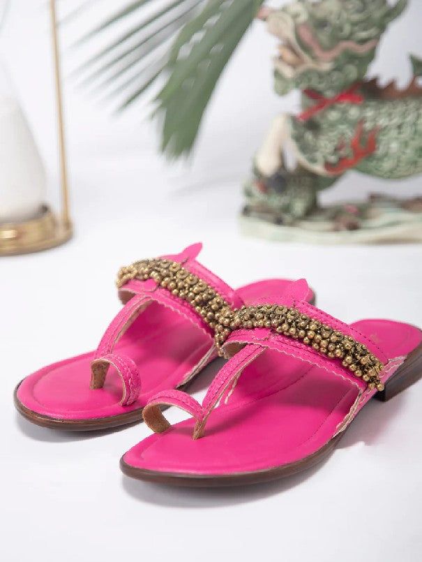 Ghugroo Love - Pink Handcrafted Kolhapuri Flats Ghugroo Love - Pink Handcrafted Kolhapuri Flats Festive Sandals With Gota Work And Single Toe Strap, Flat Sandals For Diwali, Festive Sandals With Gota Work For Diwali, Flat Sandals For Festive Diwali, Traditional Festive Sandals With Dori Work, Flat Sandals For Festive Diwali Celebrations, Festive Dori Work Sandals, Traditional Embellished Sandals For Festive Occasions, Traditional Party Sandals With Gota Work