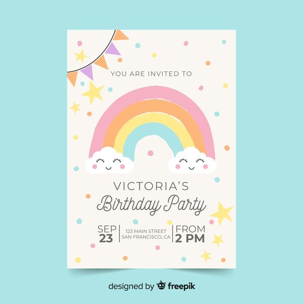 a birthday party card with a rainbow and stars on the front in pastel colors