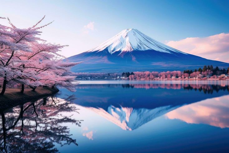 the mountain is reflected in the still water and trees are blooming on the other side