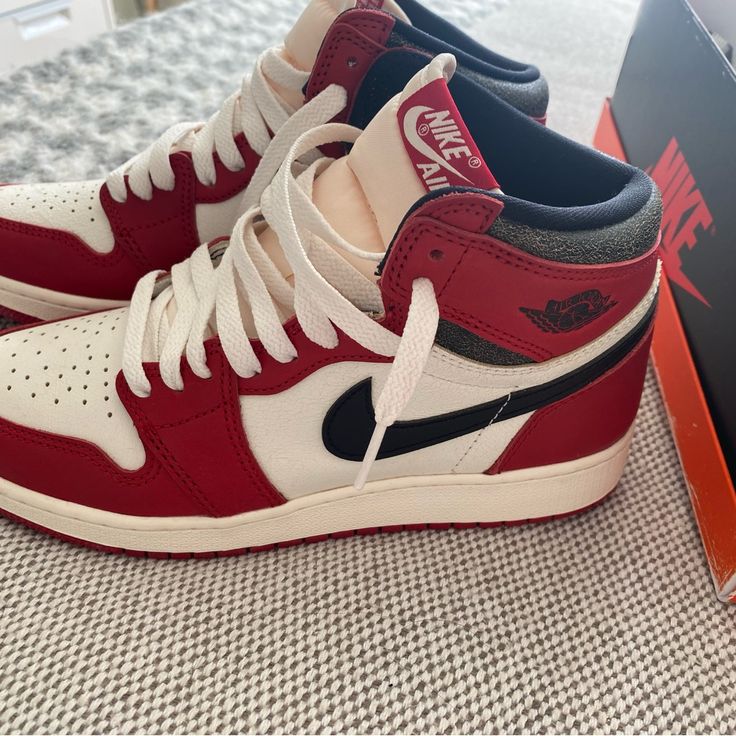 Nike Air, Jordans 1 Collectors Item! Can Be A Woman’s Size 8, Youth Size 6.5. Collectible. Very Rare Bought Them Art Basel! How Aesthetic Air Jordans, Cool Jordans Shoes, Red Nike Jordans, Red And White Nike Shoes, Nike Jordans Aesthetic, Nile Shoes, Air Jordan 1 Aesthetic, Colorful Nikes, Cute Red Outfits