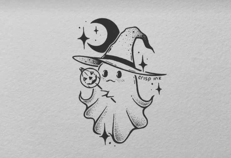 a black and white drawing of a ghost with a hat on it's head