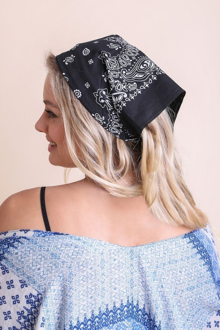 Muted Color Bandana Hats & Hair Black Trendy Bandana Print Headband, Trendy Bandana For Summer, One Size Fits Most, Adjustable Bandana Print Headwrap For Summer, Bohemian Patterned Bandana With Paisley Print, Casual Cotton Bandana With Pattern, Bohemian Paisley Print Patterned Bandana, Casual Cotton Patterned Bandana, Casual Bandeau Bandana, Trendy Festival Bandana Print Headscarf