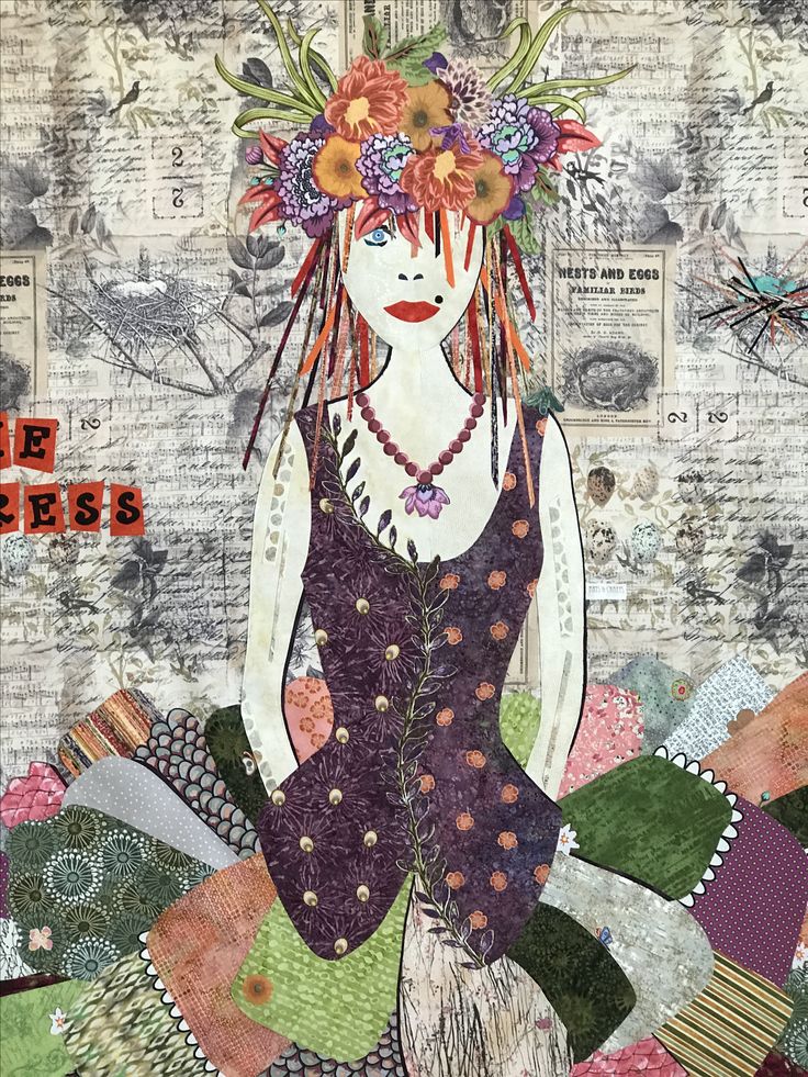 a painting of a woman with flowers in her hair sitting on top of a pile of papers