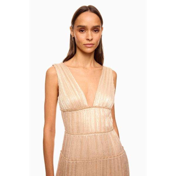 Gold (100% Polyester). Gowns. V-Neck. Sleeveless. Side zipper closure. Shoulder to hemline length: 57". Imported. Rent The Runway, Side Zipper, Zipper, V Neck, Gold